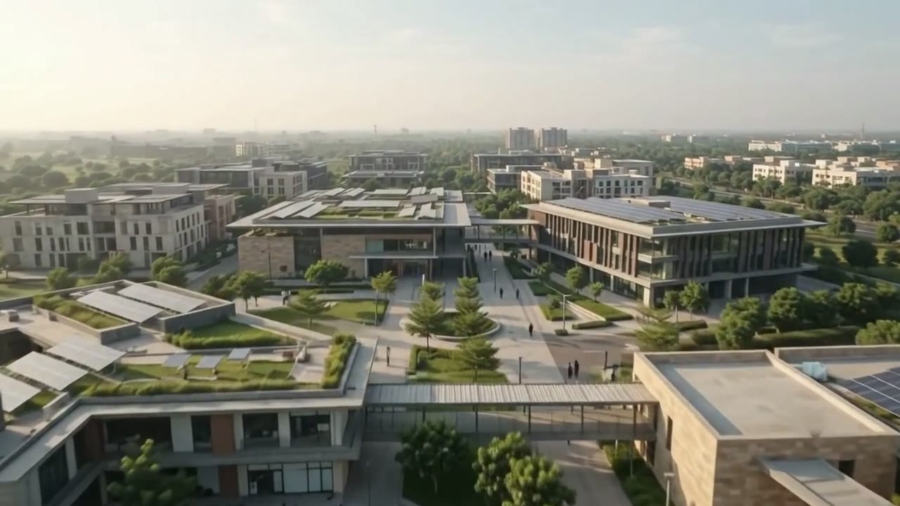 Aerial view of a green campus with solar-panelled rooftops